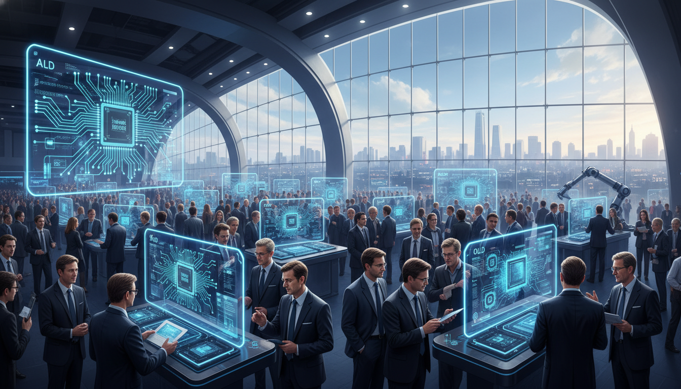 A global technology exhibition hall bustling with diverse professionals interacting with AI and computing displays.