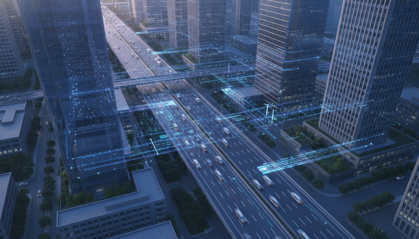 Digital rendering of a smart city with interconnected vehicles and intelligent transportation infrastructure at dusk.