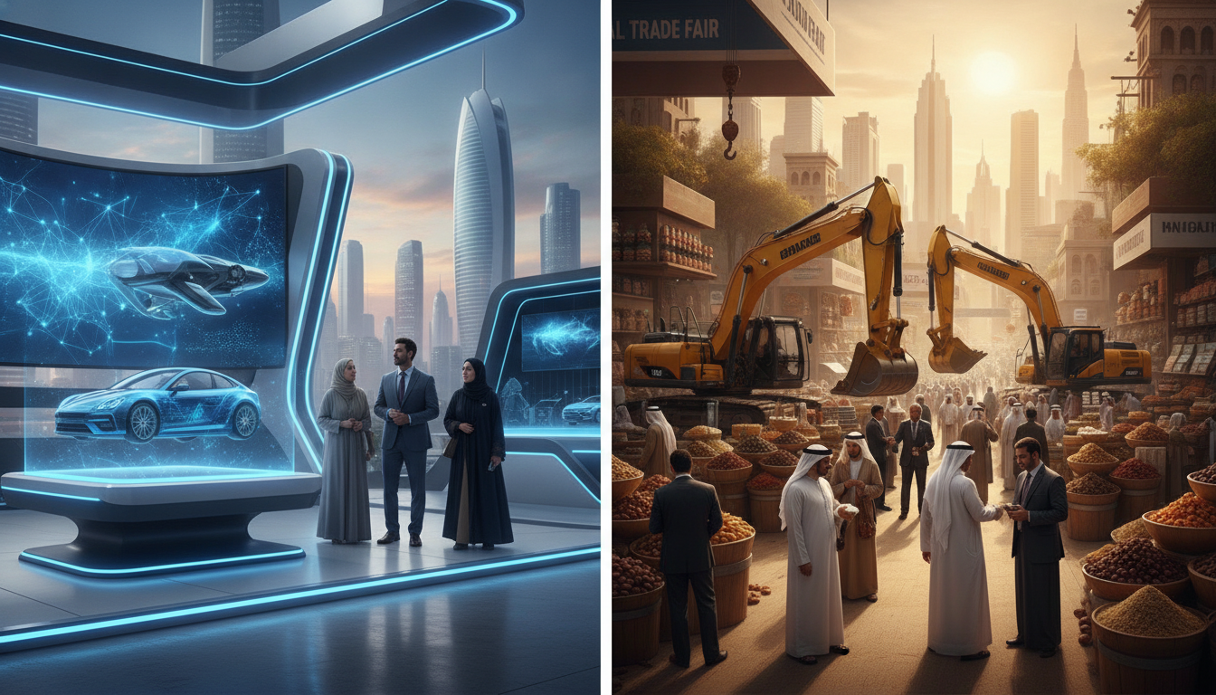 A visual comparison of two distinct exhibition types: one focused on advanced technology and another on industrial or food products, representing the diverse event landscape in Abu Dhabi and Riyadh.