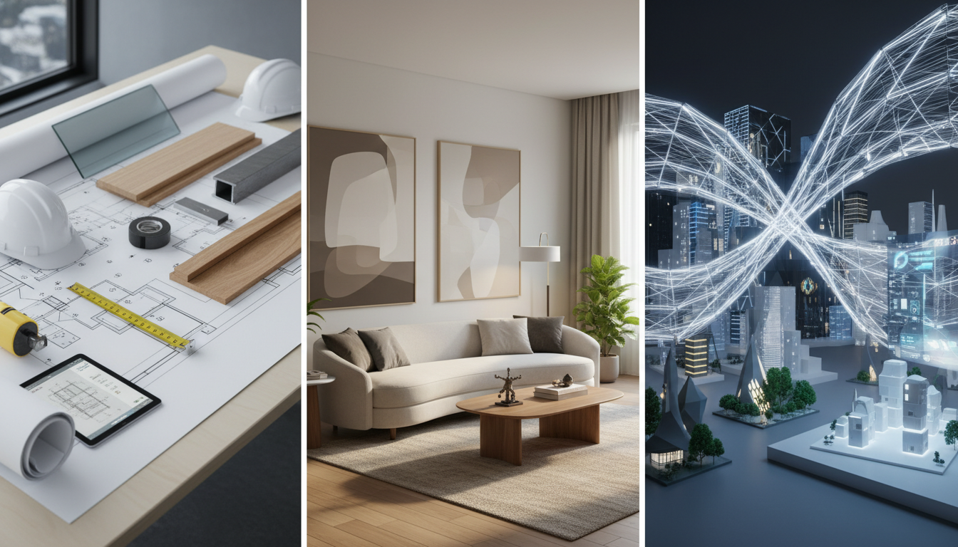 A visual comparison of architectural plans, modern interior furnishings, and innovative design concepts.