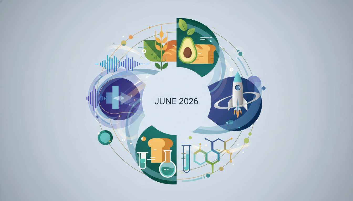 An abstract illustration showing interconnected symbols representing diverse industries like aerospace, food, AV, and pharmaceuticals, highlighting collaboration and innovation.