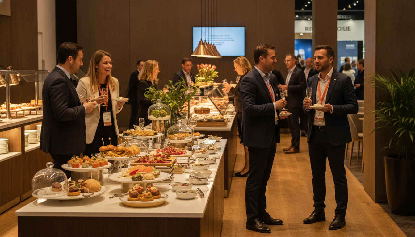 Attendees networking around a beautifully presented gourmet food and beverage display at a global trade show.