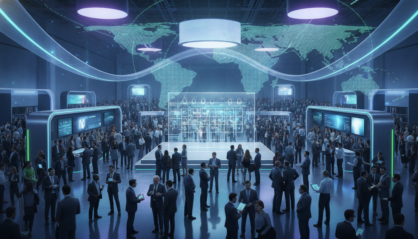 Attendees networking at a bustling international trade fair, with global connection imagery.