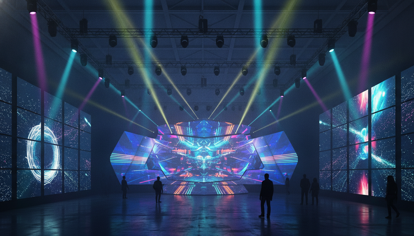 Modern exhibition hall with large projections, LED displays, and dynamic lighting creating an immersive experience.