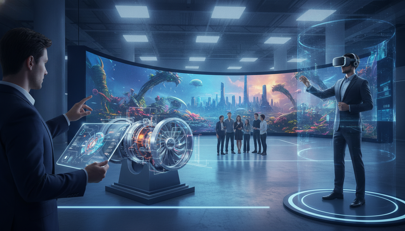 Diverse immersive technologies including AR, VR, and shared reality displays at an exhibition.