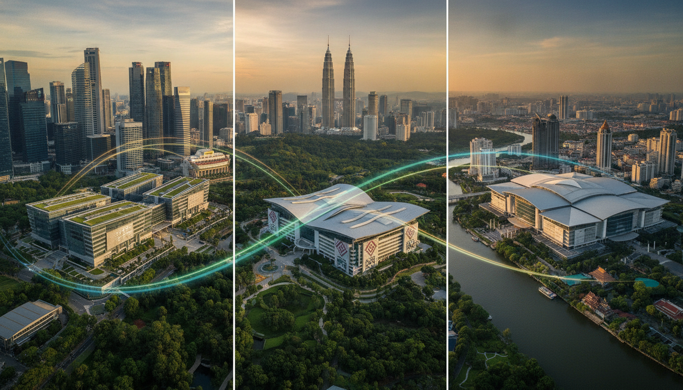 Aerial view of three distinct modern exhibition centers in Southeast Asian cities, connected by symbolic light trails.