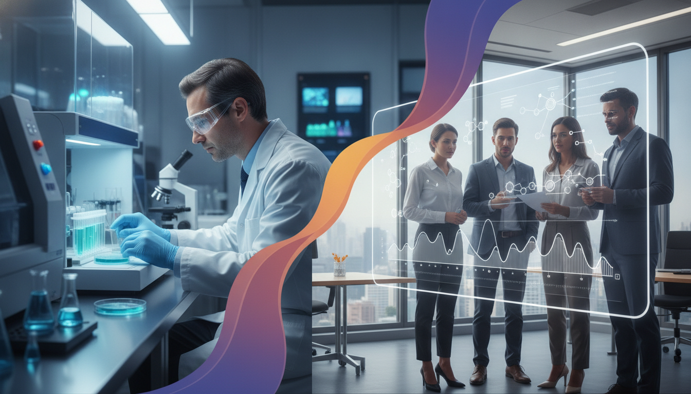 Scientists in a lab and professionals collaborating on strategic biotech development.