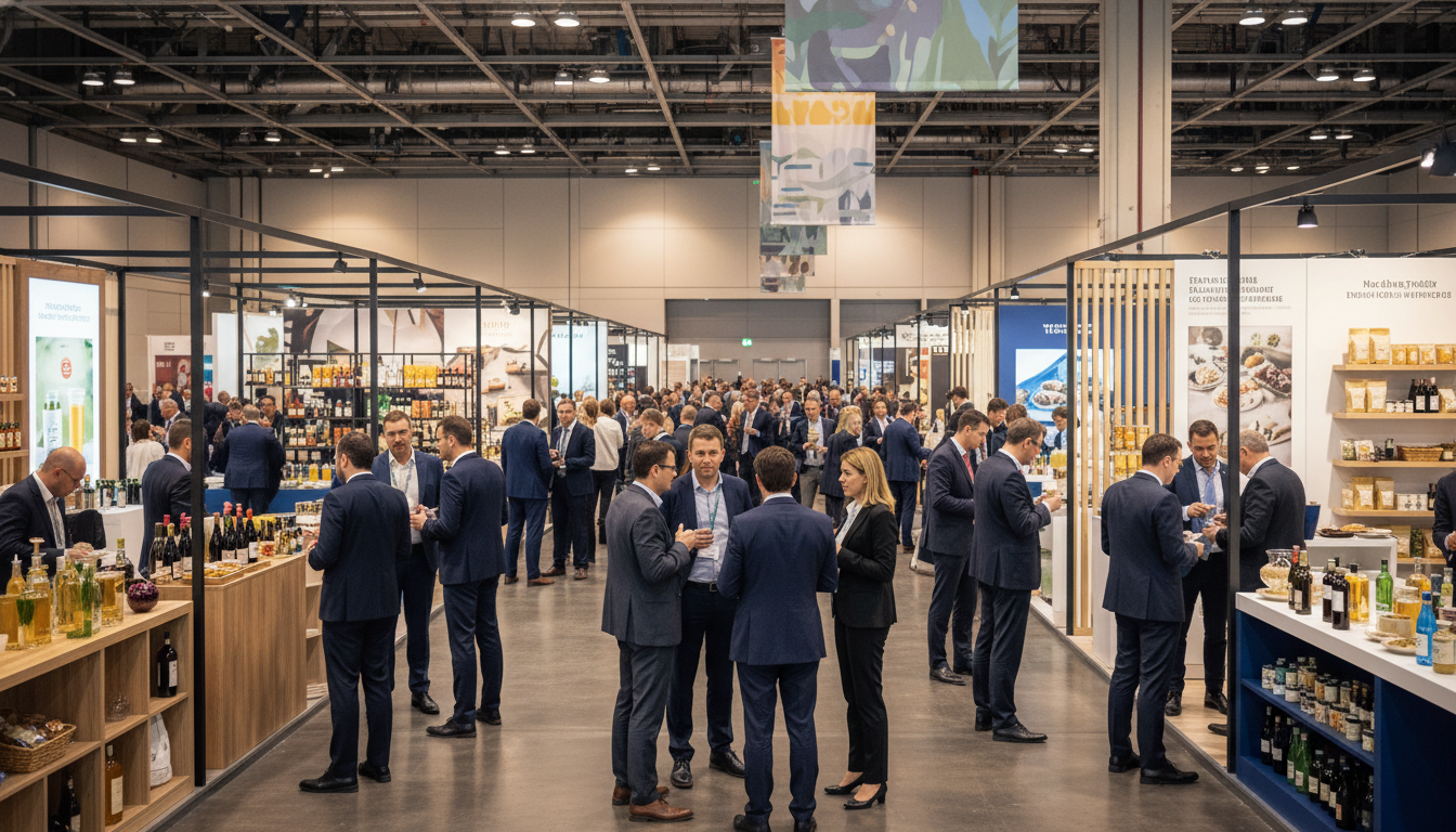 A bustling, modern international food and beverage trade show hall with diverse attendees and product displays.