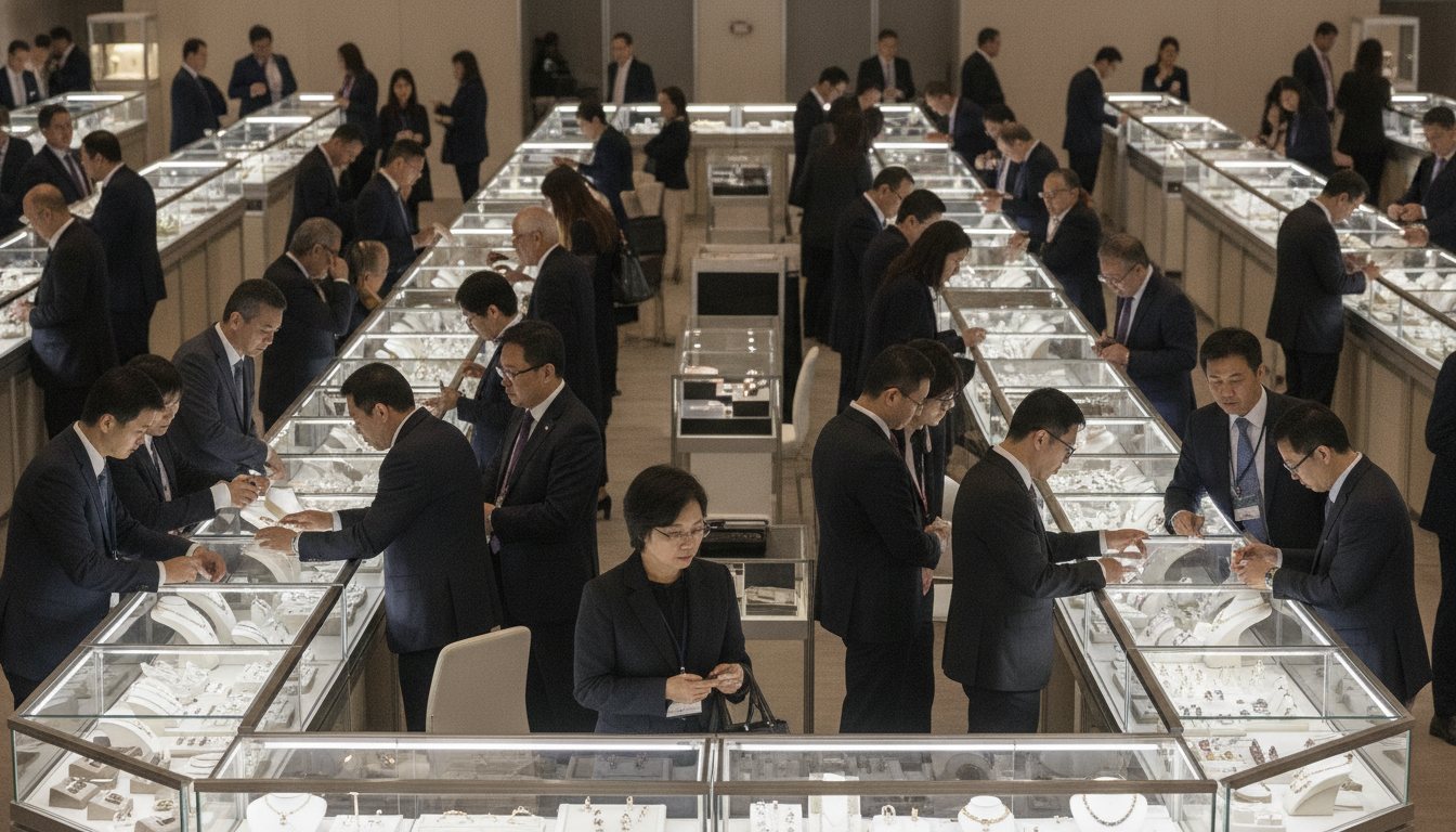 Professionals networking amidst elegant displays of jewelry and watches at a global trade show.