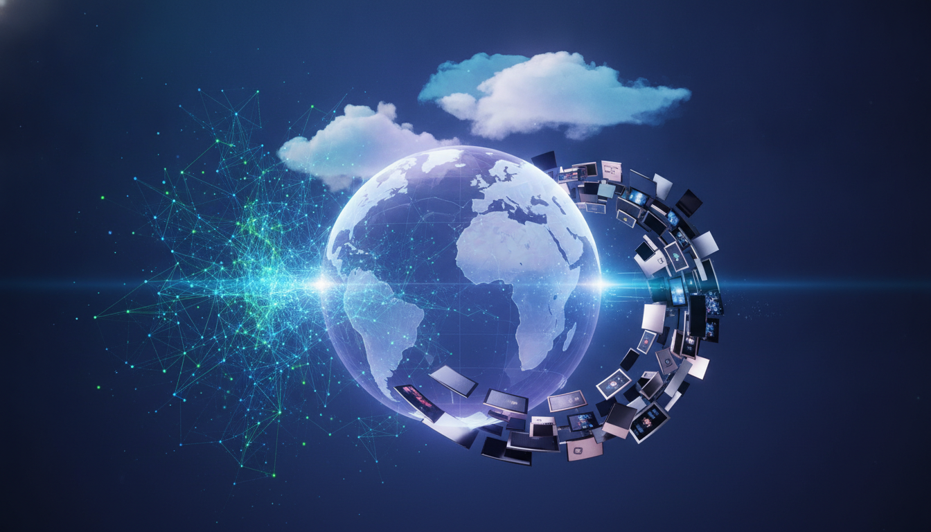 Abstract visual of global IT trends, including AI, cloud computing, and smart devices.
