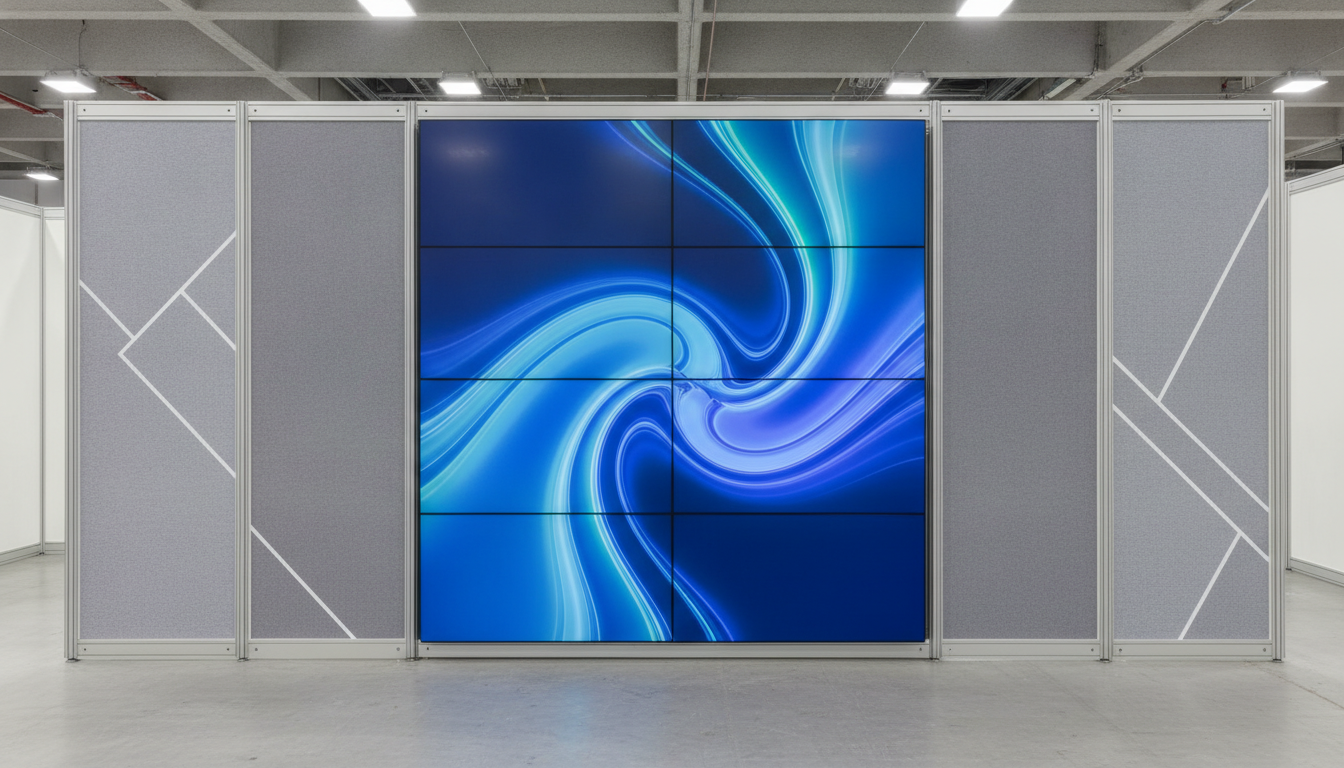 Close-up of an advanced modular exhibition wall with integrated LED display panels and fabric graphics.
