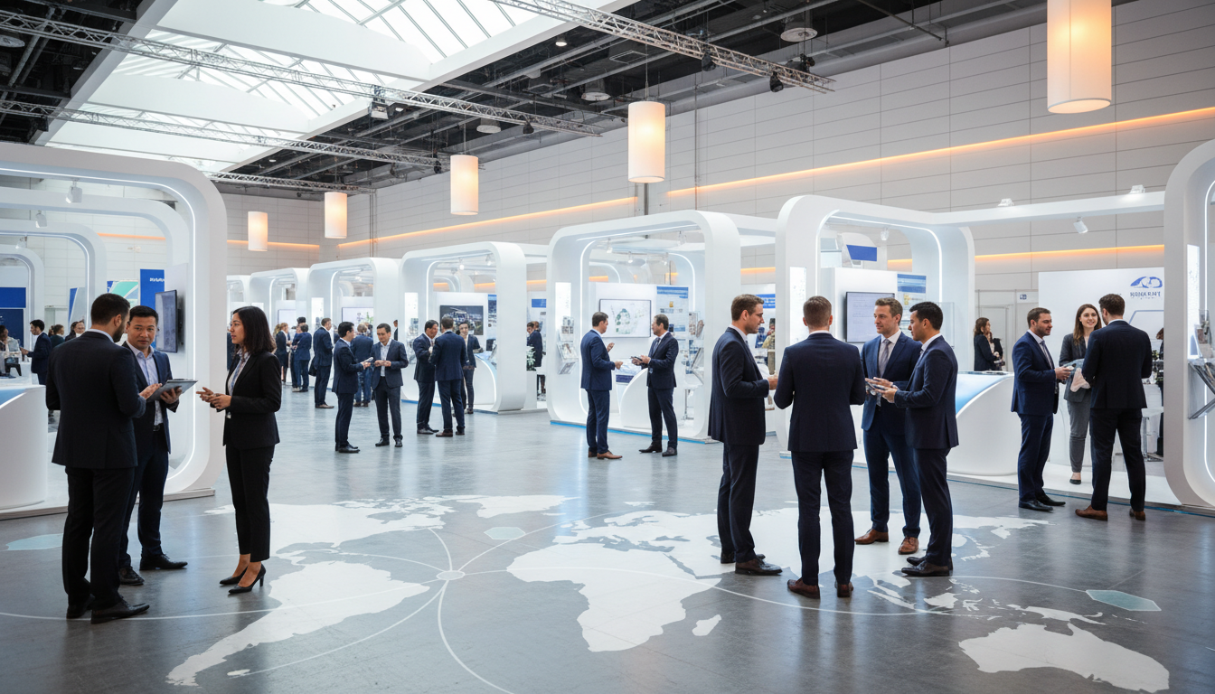 Diverse business professionals networking in a large, modern international trade show hall, symbolizing global commerce.