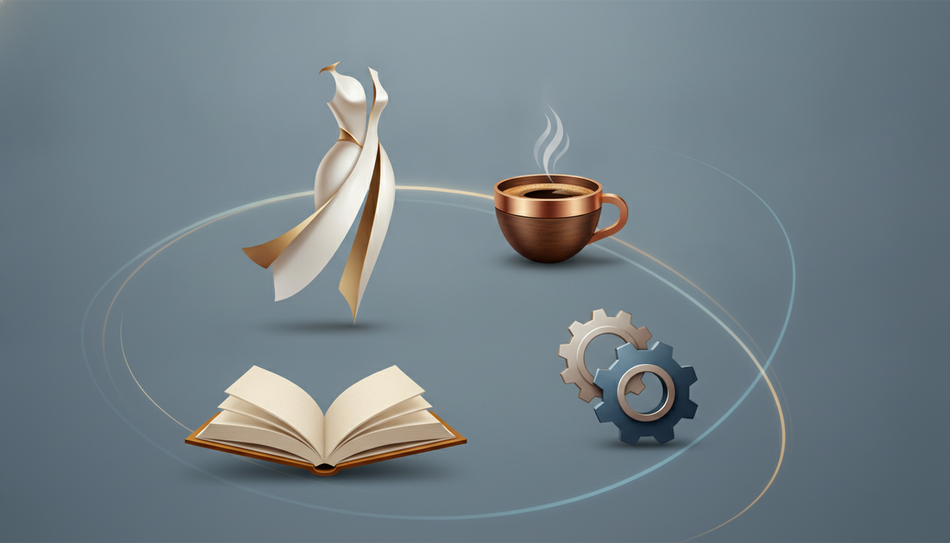 Abstract visual representing diverse Italian trade show industries including fashion, food, machinery, and books.
