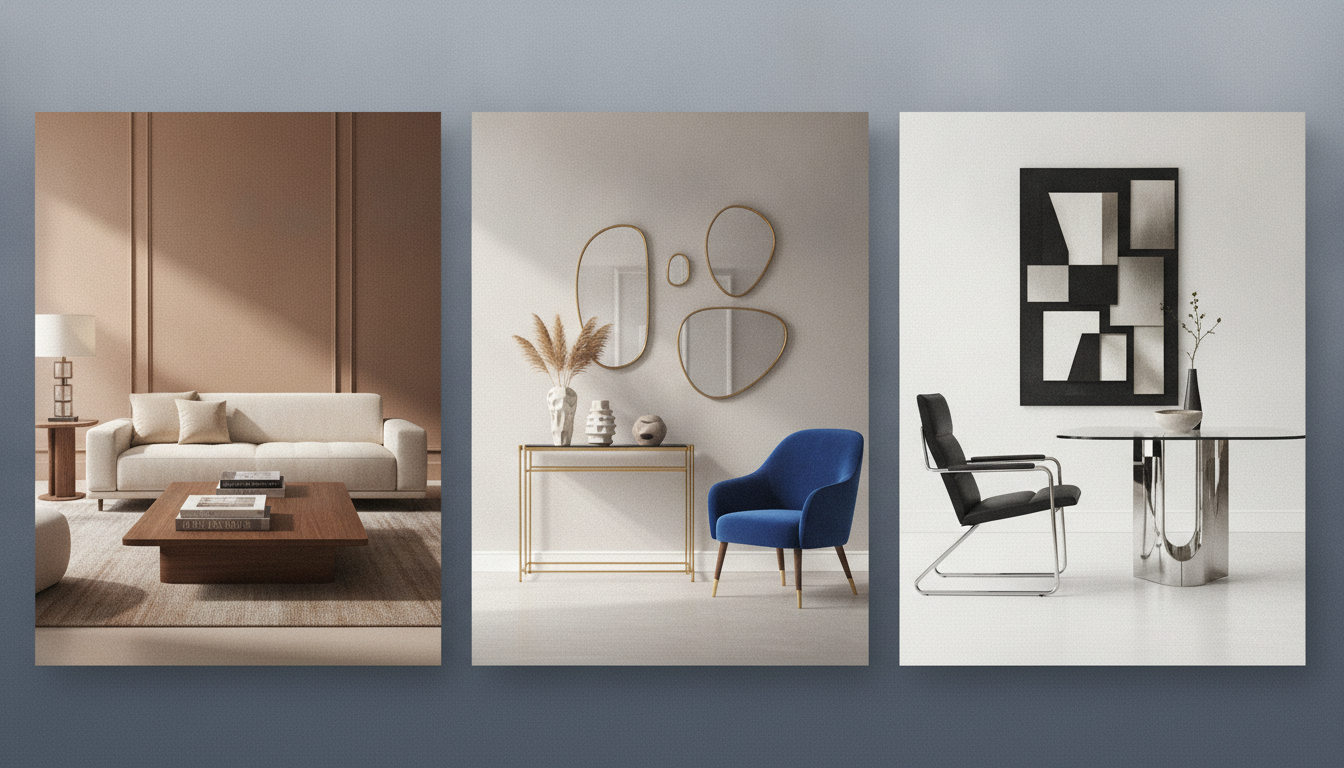 A sophisticated visual montage representing global furniture and home interior design trends from major international markets.