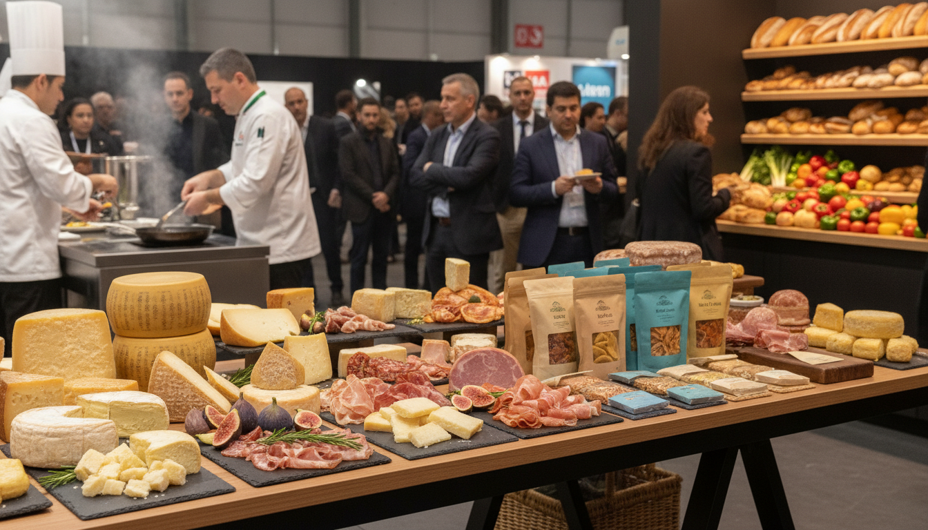 A diverse display of international food products, from traditional Italian to modern sustainable options, at a global food fair.