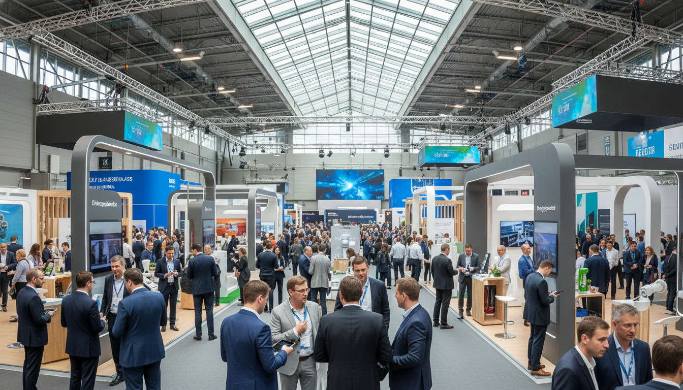 Diverse professionals networking in a modern, brightly lit global exhibition hall.