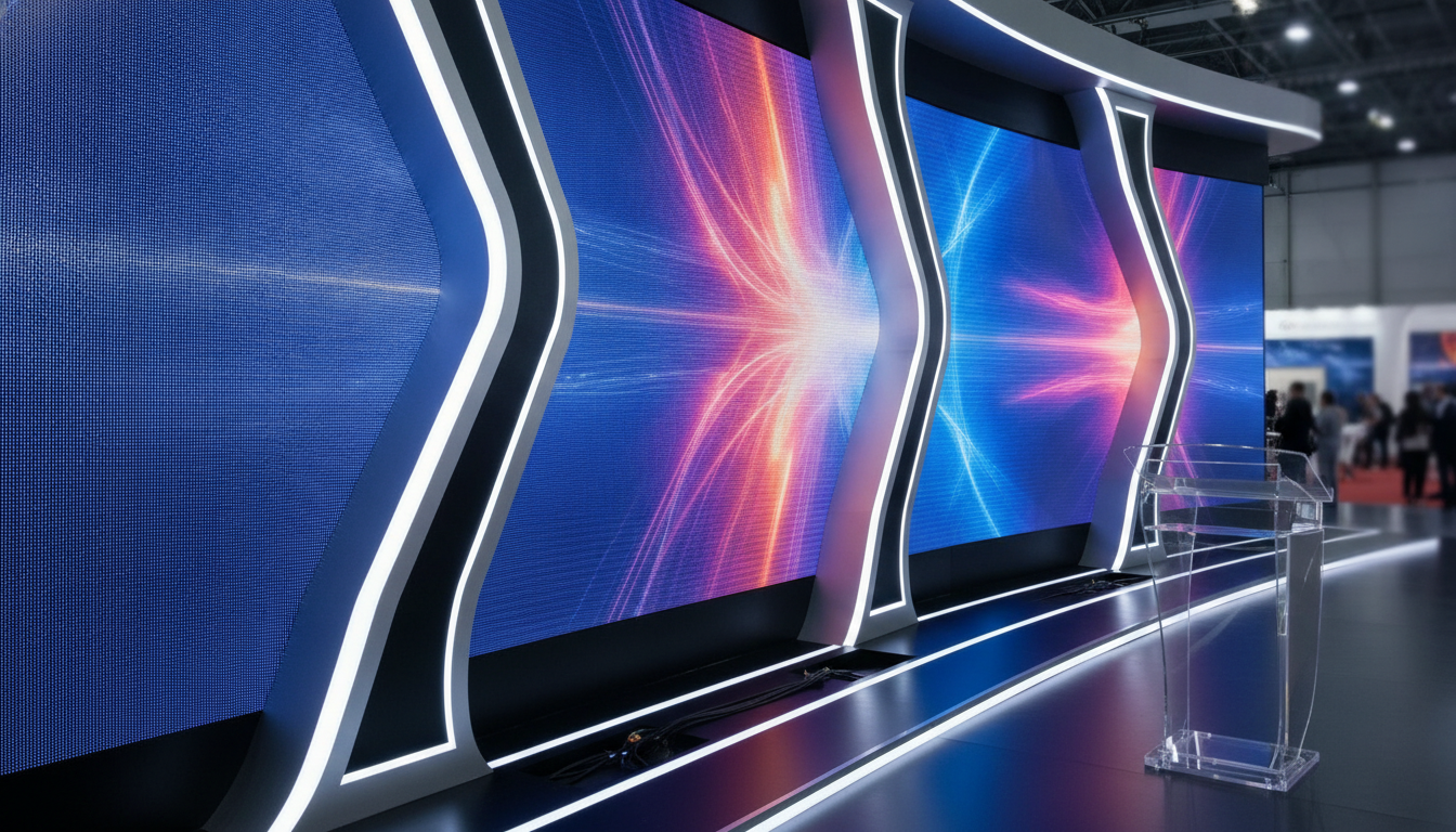 Close-up of a modern exhibition stand featuring advanced LED technology and intricate design, representing innovation in global event services.