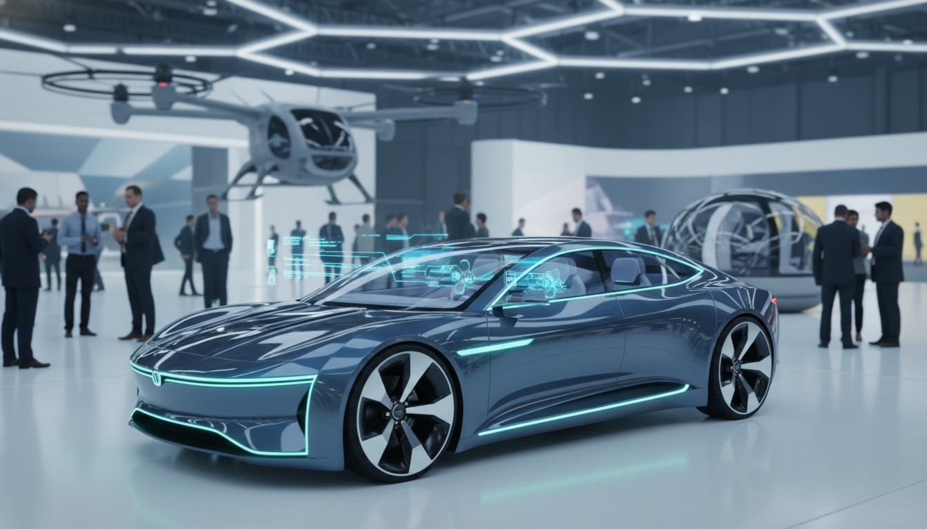 A futuristic electric concept car on a trade show floor, surrounded by blurred figures and other advanced mobility vehicles, symbolizing global automotive innovation.