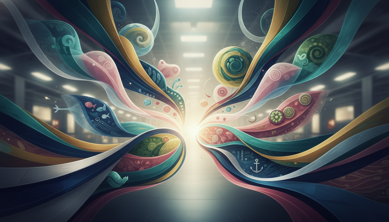 Abstract visual symbolizing the convergence and diversity of various industries at Asian trade shows.