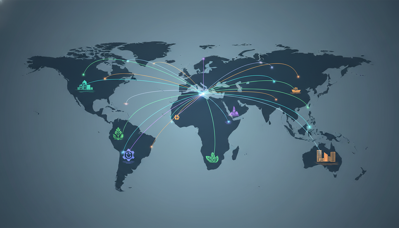 Abstract visualization of interconnected global industries and cities on a world map, representing the expansive reach of trade show organizers.