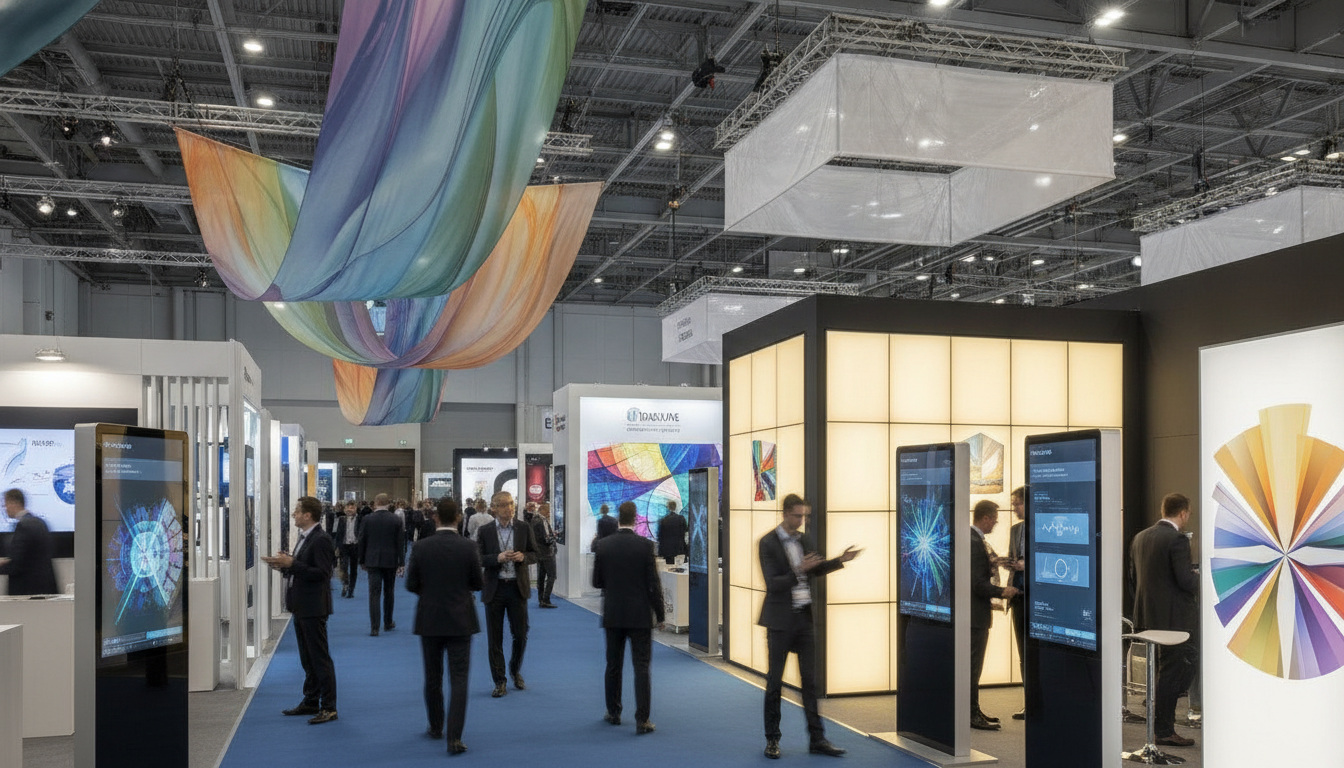 A bustling trade show floor showcasing various high-quality exhibition printing and signage solutions, including large banners and illuminated displays.