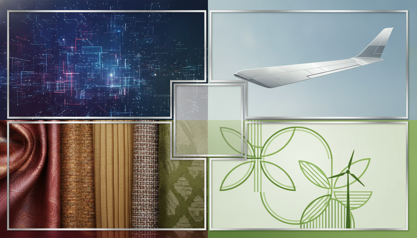 Abstract visual montage representing diverse European industries: AI, aerospace, fashion, and agriculture.