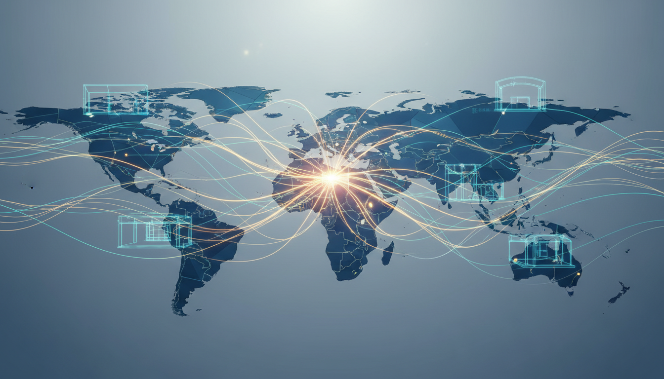 Abstract network connecting global exhibition industry elements, symbolizing foundational associations.