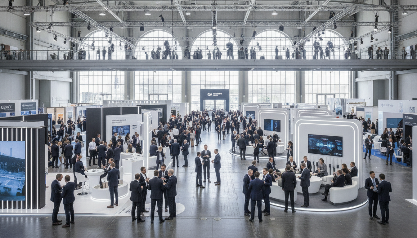 Professionals networking and engaging at a large, modern international exhibition.
