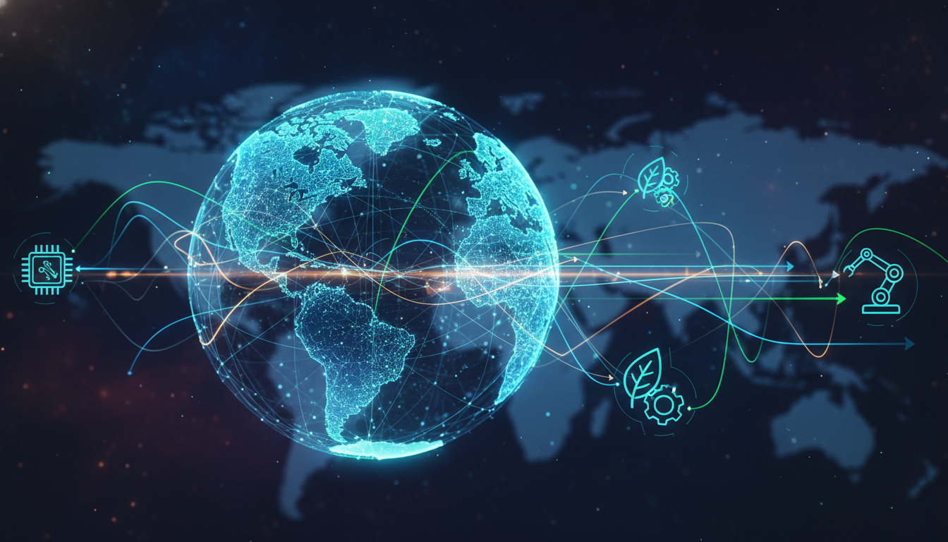 Abstract visual of interconnected global industries and technological innovation.