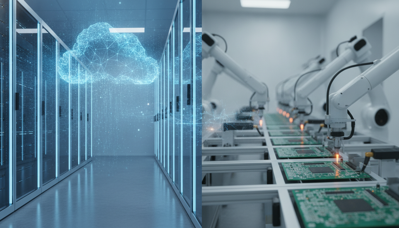 A split image showing a futuristic AI data center and robotic arms assembling electronics, representing diverse tech sectors.