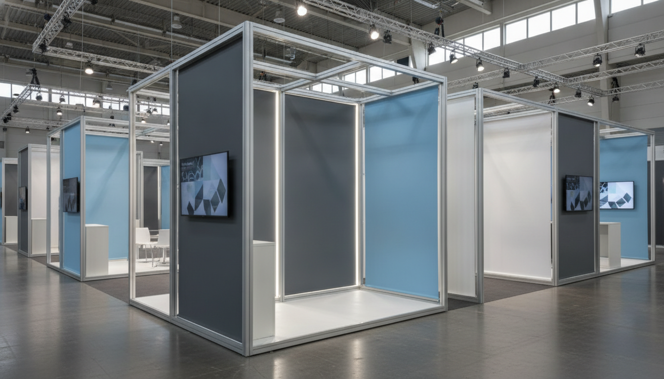 A modern, spacious exhibition hall showcasing various sleek modular booth systems.
