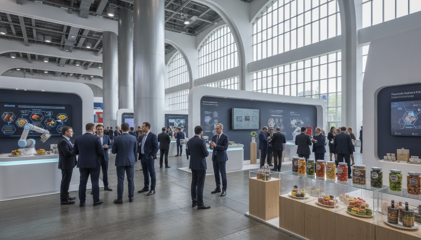 An international food industry trade show floor with professionals networking around innovative food tech and K-food product displays.