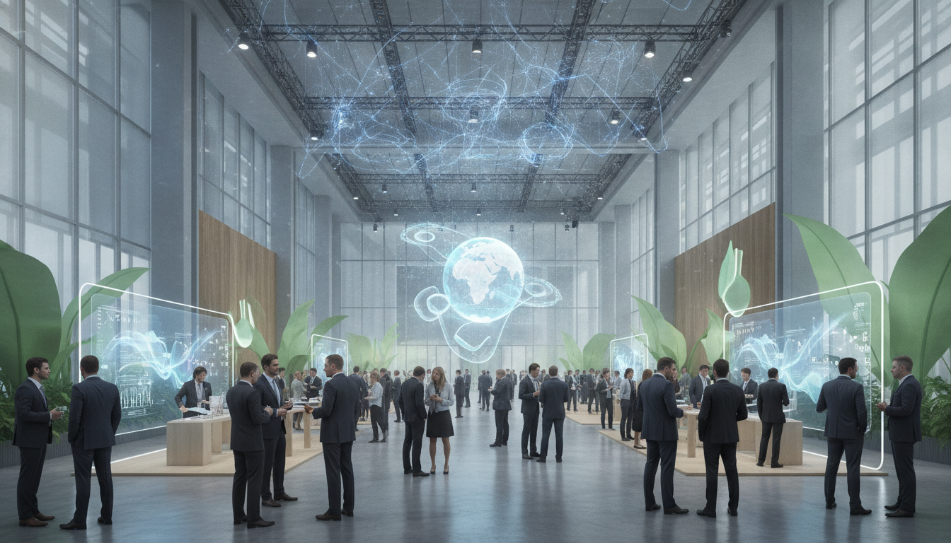 Conceptual visualization of exhibition trends, showing technology, sustainability, and human interaction.