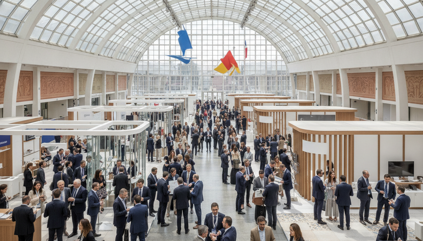 A dynamic view of professionals interacting at a modern international trade show in Italy.