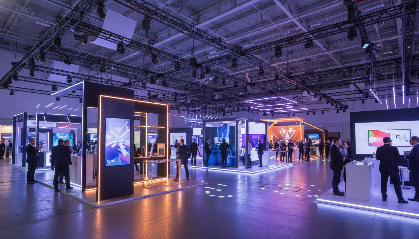A brightly lit, modern exhibition hall with various trade show booths illuminated by professional LED lighting.