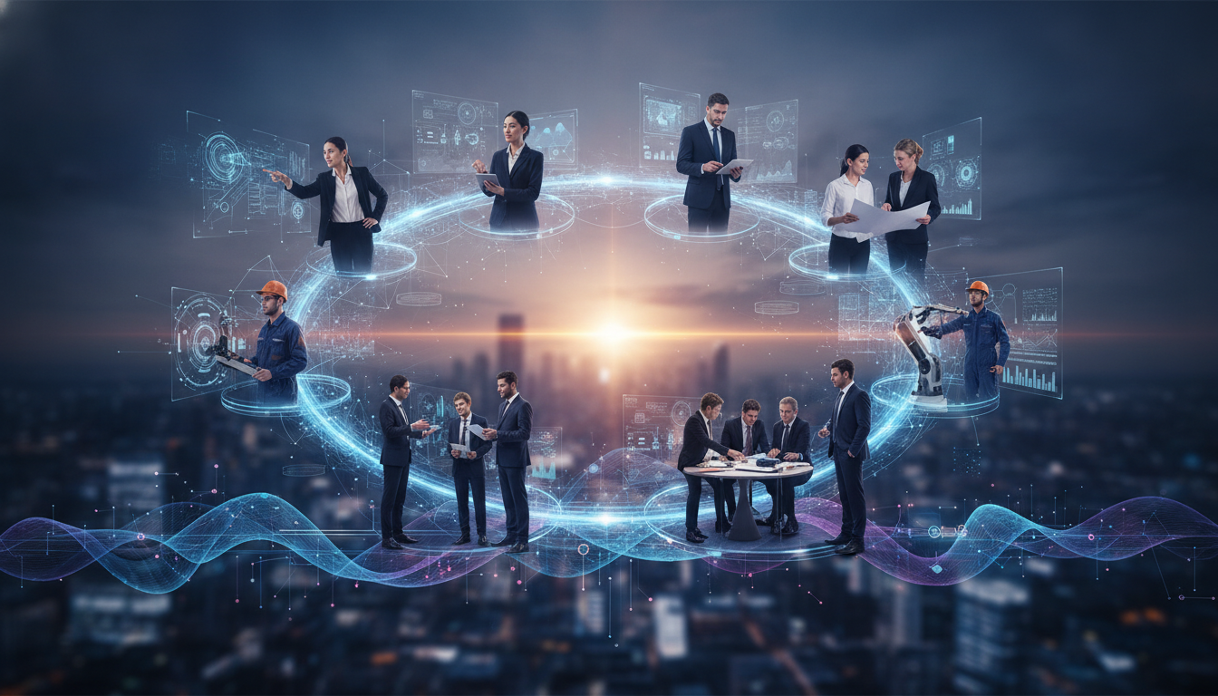 An illustration of a global network of diverse professionals from tech, manufacturing, marketing, and retail, connecting and collaborating, symbolizing innovation and the future of B2B trade.