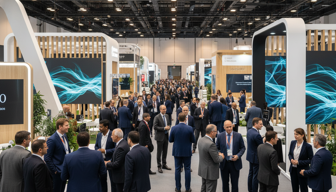 Diverse business professionals networking at a modern trade show in the Middle East.