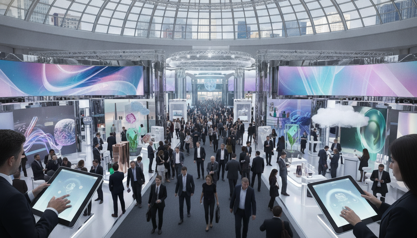 A vibrant, modern international beauty trade show with many attendees and innovative product displays.