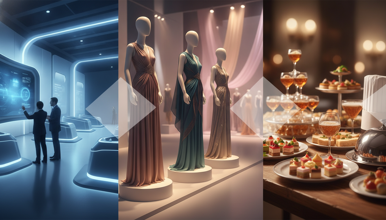 A composite image showing scenes from a tech exhibition, a fashion show, and a food and hospitality event, representing diverse global trade.