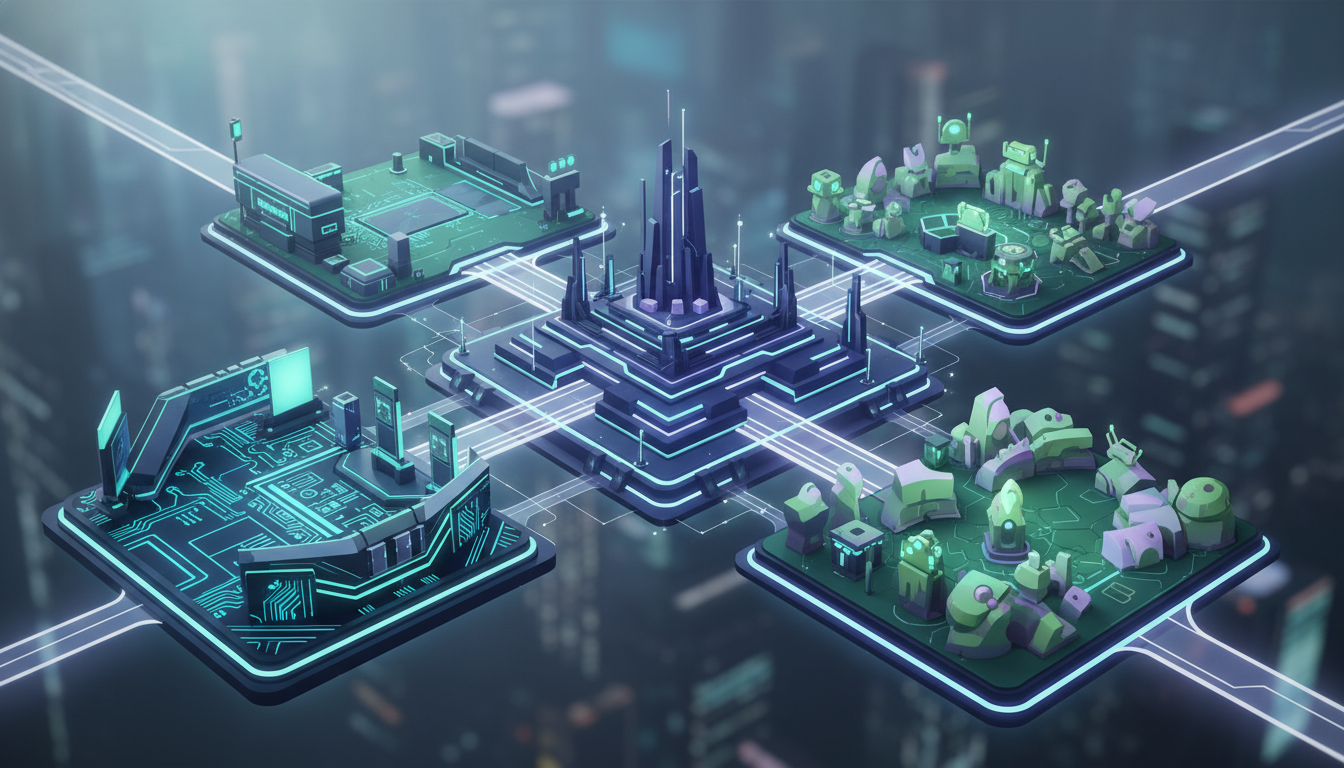 An abstract, interconnected visual representing the diverse categories of exhibitors at a major gaming trade show, including publishers, hardware, and indie developers.