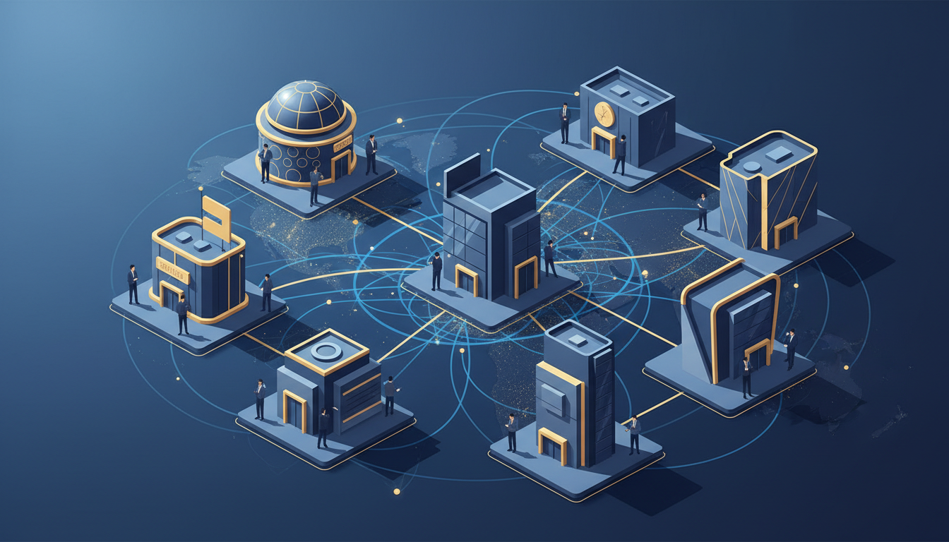An illustration showing a global network connecting various exhibition venues and business sectors.