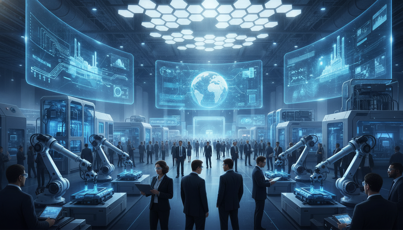 A wide, vibrant scene of a large industrial technology trade fair, featuring diverse attendees interacting with advanced robots, digital screens, and modern machinery, symbolizing global innovation.