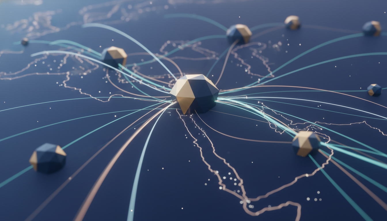 Abstract illustration of interconnected trade and exhibition hubs in the Middle East and Africa.