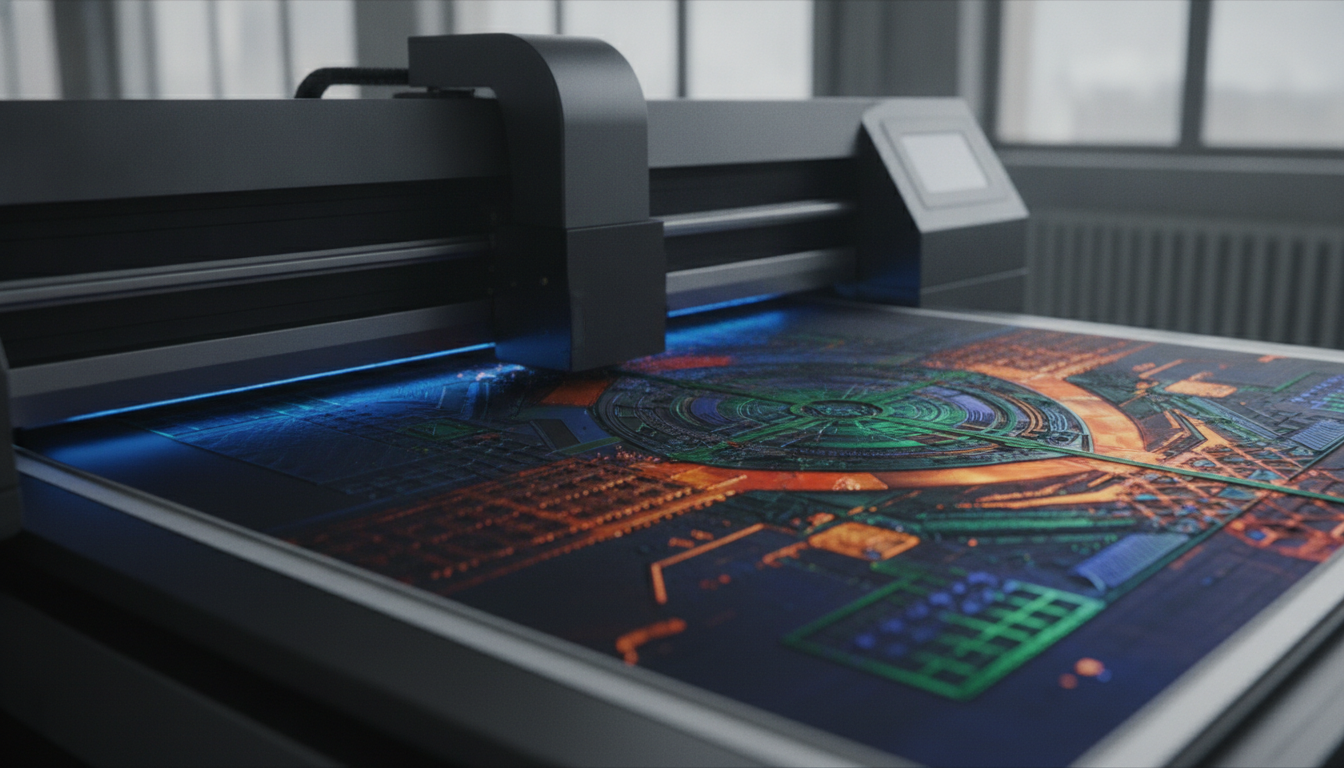 A wide-format UV LED printer actively producing a multi-layered, high-resolution graphic on a rigid material, highlighting advanced printing technology.