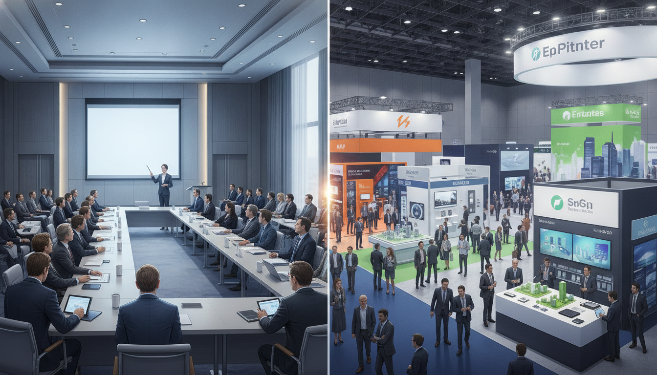 Visual contrast between a professional corporate convention and a bustling multi-industry trade show in Japan.