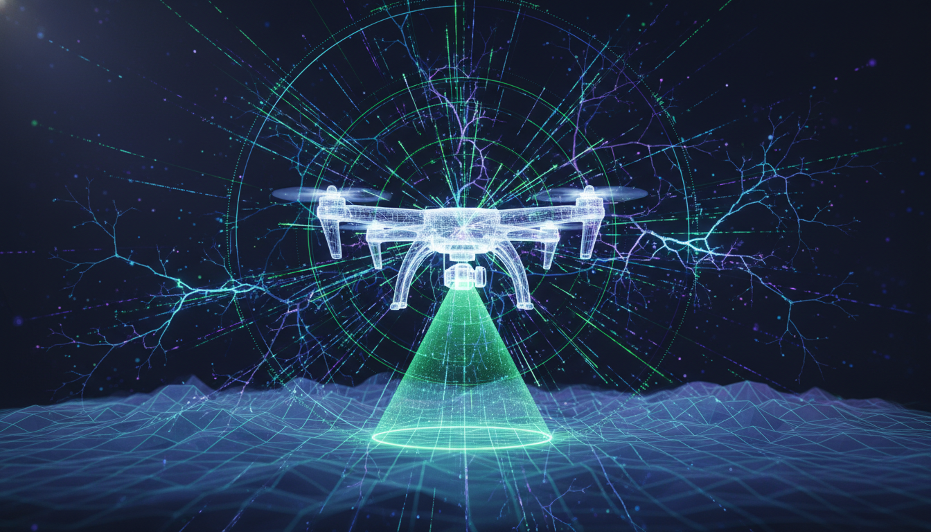 Abstract representation of deep tech, drone LiDAR, and global communication networks.