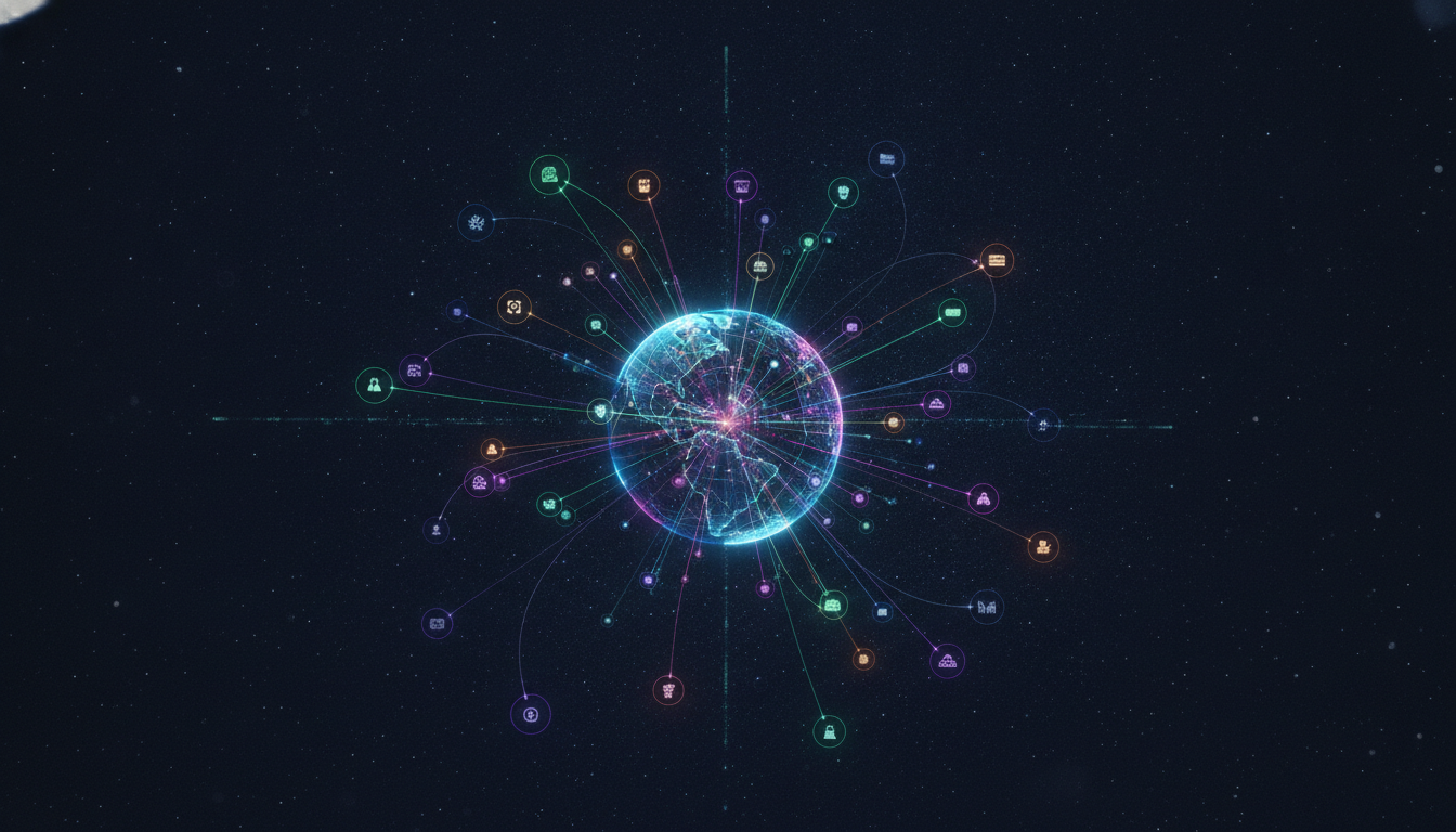 Abstract visual representing a global network of diverse technology exhibitors and industries.