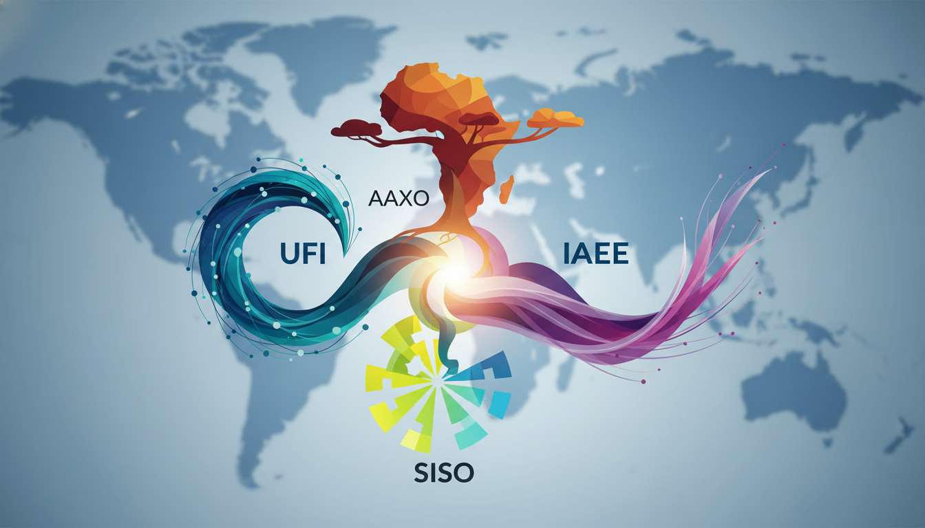 Four distinct but harmonized abstract shapes representing global exhibition associations working together.