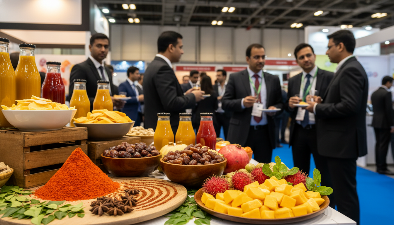 A detailed view of a food and beverage trade show booth showcasing colorful Indian spices, fresh produce, and beverages, with professionals in the background.