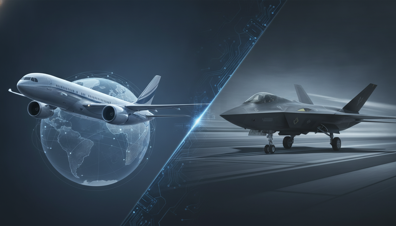 A split image showing a commercial airliner flying over a stylized globe on one side and a modern fighter jet on the other, symbolizing the global and diverse nature of aerospace and defense exhibitions.